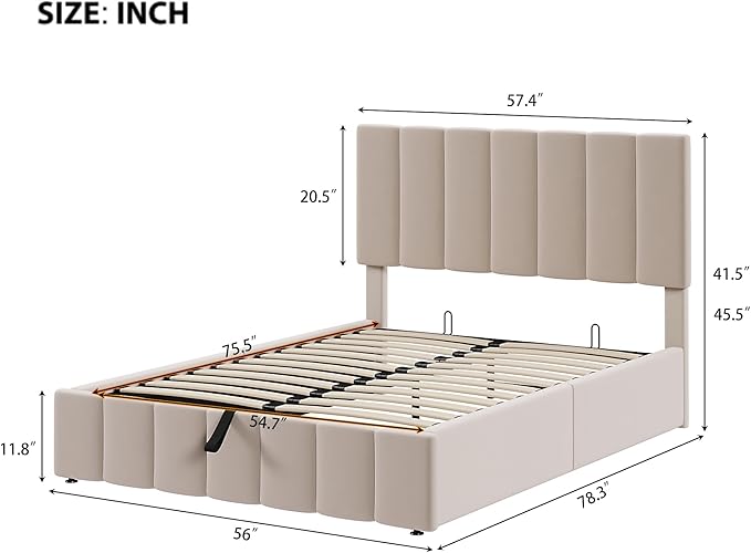 Full Size Bed Frame with Headboard, Elegant Linen Upholstered Platform Bed with a Hydraulic Storage System, Linen Fabric Backrest and Pine Wood Slats, No Box Spring Needed, Beige