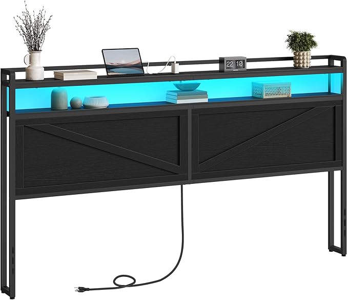 HOOBRO King Size Headboard, Headboard with Charging Station and LED Light Strip, 2-Tier Storage Head Board with Outlets and USB Ports, Industrial Style, for King Size Beds, Black