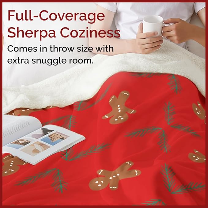 Christmas Sherpa Blanket Throw Size - Reversible Sherpa Fleece Blanket - Super Soft Double Sided Throw for Bed, Sofa, Couch - Thick, Warm, Cozy & Plush - Xmas Winter Bedding - Gingerbread Man, 50x60