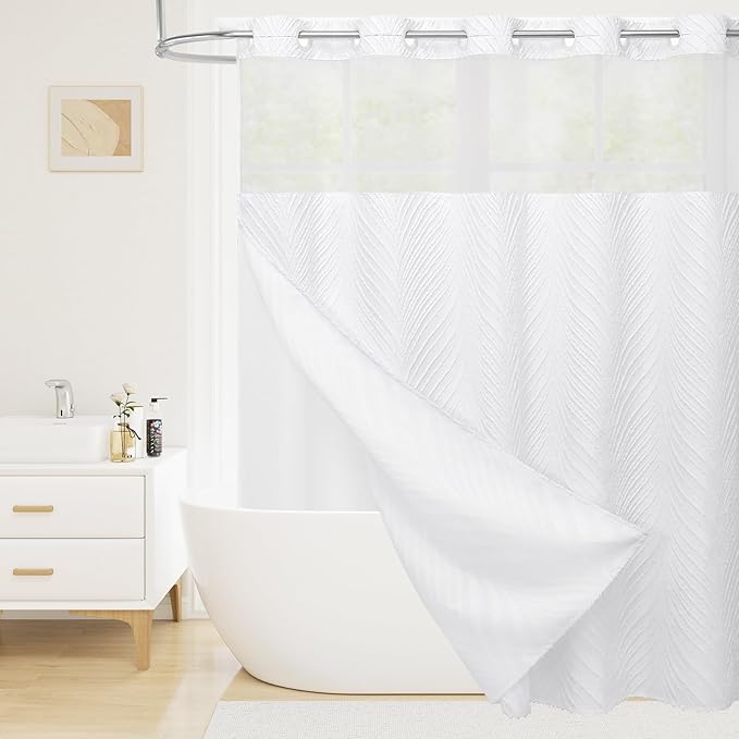 Boho White Long Shower Curtain 72 x 80, No Hook 80 inch Long Farmhouse Fabric Shower Curtain Set with Snap-in Liner, Hotel Style Shower Curtain with See Through Top Window