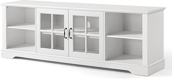 LINSY HOME TV Stand for 75 Inch TV, 68" Long Entertainment Center with LED Lights and Glass Door Storage Cabinet, Modern Farmhouse Wood TV Console Table for Living Room, Bedroom, White