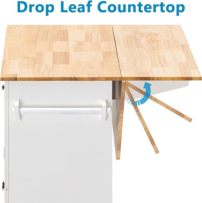 Rolling Kitchen Island with Drop Leaf – Movable Kitchen Carts on Wheels Island with Storage Cabinet, Island Table for Kitchen with Rubber Wood Top and Rack and Drawers, Matte, White