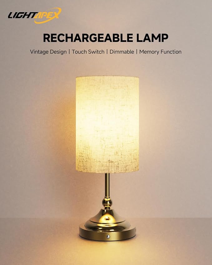 Lightapex Vintage Small Cordless Table Lamps with Stepless Dimming, Portable Rechargeable Bedside Lamps with Touch-Control for Bedroom, Living Room, and Reading, Cylinder(Brassy)