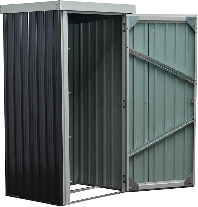 Hanover Galvanized Steel Single Door Patio Storage Shed for Garden Tools with Twist Lock and Key Security, 2 Tool Hooks (3'x3'x6') Dark Gray, White Rust Resistant Outdoor Storage for Yard Supplies