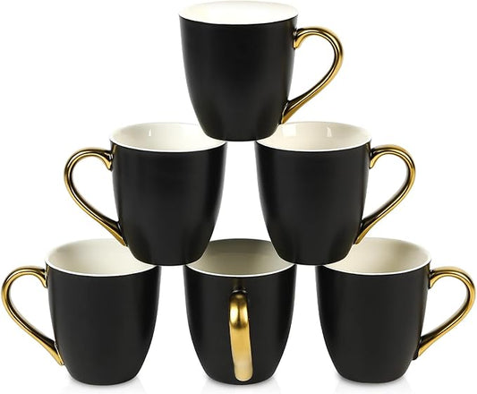 vicrays Coffee Mug Set, 11 Ounce, Set of 6, Ceramic Mug for Men, Women, Unique Glazed Mugs with Handle for Coffee, Tea, Milk, Cocoa, Cereal(Black with Golden)