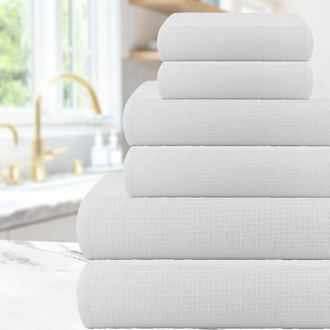 CASA COPENHAGEN Waffle Towel, 6Pieces 100% Cotton Large Towel Set- White, 2Bath 2Hand 2Washcloths Instant Absorb and Dry, Soft Strong Towels for Hotel Spa Kitchen Bathroom & Shower
