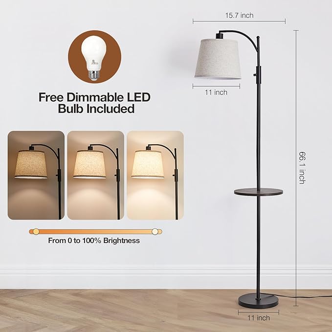 AIDENOEY Fully Dimmable Floor Lamp for Living Room，Standing Lamp Rotary Switch with Table&Linen Beige Shade，Black Tall Lamps for Bedroom with Adjust Head，9W LED Bulb Included