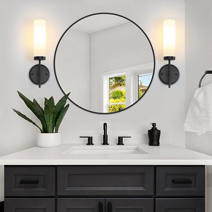 Black Wall Sconces, Modern Bathroom Vanity Lights with Frosted Glass, Sconces Wall Decor Set of 2, Hardwired Wall Sconce Lighting, Indoor Wall Lights for Bedroom Living Room Hallway