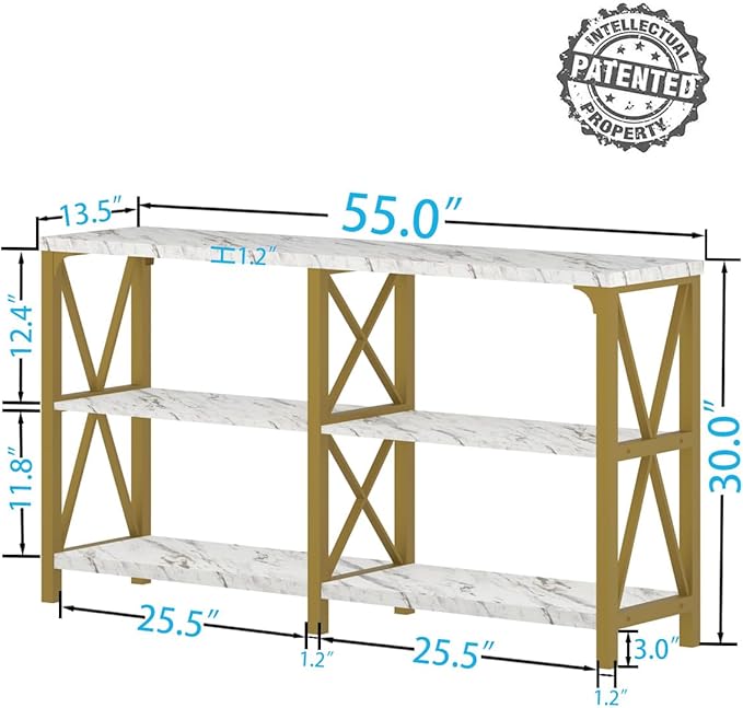 IBF Modern 3 Tier Entryway Table, Industrial Metal Wood TV Console Table with Storage Shelves, Farmhouse White Faux Marble and Gold Sofa Accent Table for Hallway Entry Way Foyer Living Room, 55 Inch