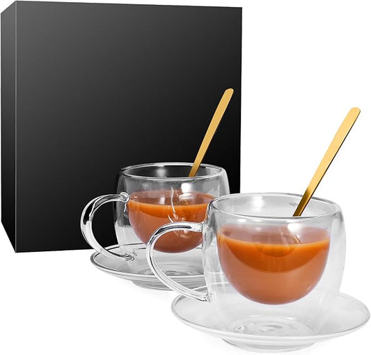 Clear Glass Coffee Cups with Spoons in a Luxurious Gift Box Set of 4 Pieces - 5.5oz in Sizes Double Wall Insulated Reusable Cups for Home Cafe Restaurant - Best Gift for Coffee Lovers