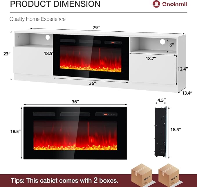 oneinmil 80” TV Stand with 36” Electric Fireplace, Large Modern Media Entertainment Center with Storage Cabinet and 12 Colors LED Lights for TVs Up to 90", White TV Stand and Black Fireplace