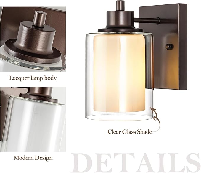 2 Pack Bath Vanity Light Fixtures 1-light, Indoor Oil Rubbed Bronze Wall Light with Dual Glass Shade, Farmhouse Bathroom Wall Scone, Vintage E26 Bese Wall mount Lighting