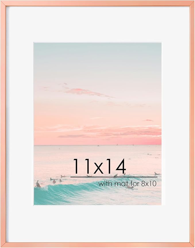 11x14 Picture Frame - 11 by 14 Metal Picture Frame With Mat For 8x10 | 14x11 Frame Aluminum | Plexiglass And Hanging Hardware Included | 11x14 Poster Frame | Rose Gold