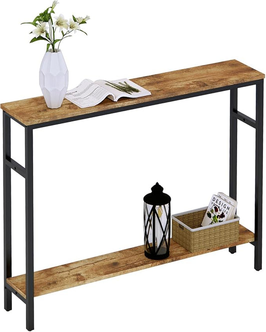 Narrow Console Table, 39.4” Sofa Table with Adjustable Shelf, 2-Tier Long Skinny Table for Hallway, Entryway, Living Room, Foyer, Rustic Brown