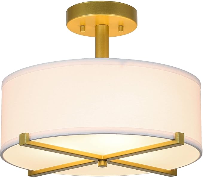 XiNBEi Lighting Semi Flush Mount Ceiling Light Modern Gold Brass Drum Light Fixture with Fabric Shade 3-Light Drum Ceiling Lighting for Living Room, Bedroom, Kitchen, Dining Room, Hallway