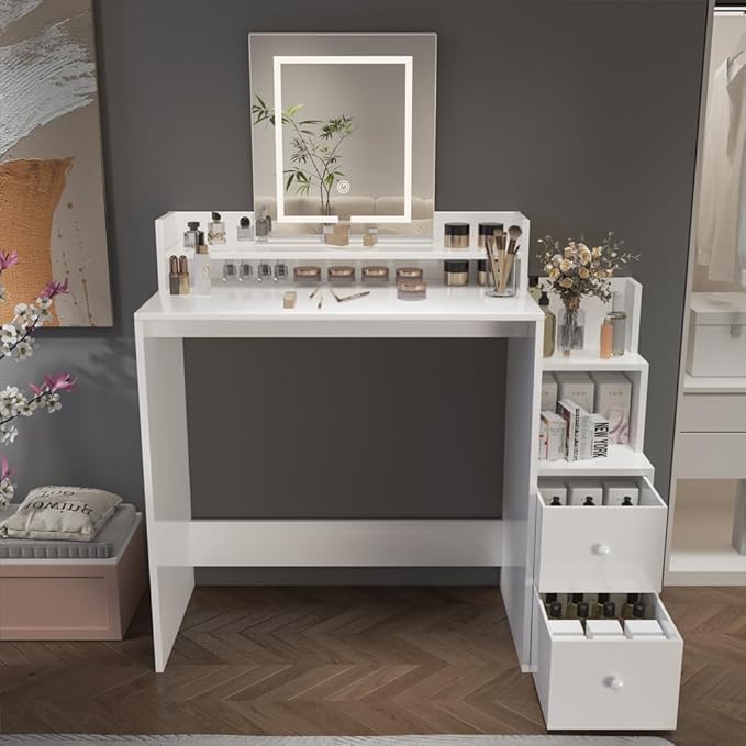 Vanity Desk with Mirror and Lights, Makeup Vanity Desk with Lights 3 Colors, Vanity Table with 2-Tier Shelves, Modern White Dressing Table for Bedroom