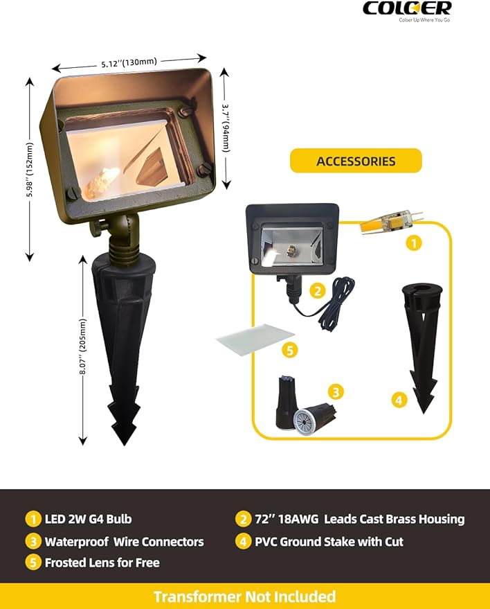 COLOER Brass Flood Lights with 4W 2700K LED G4 Bulb, 12V Low Voltage Landscape Floodlights for Outside, Outdoor Wall Lights Illuminating Signs, Walls and Tree