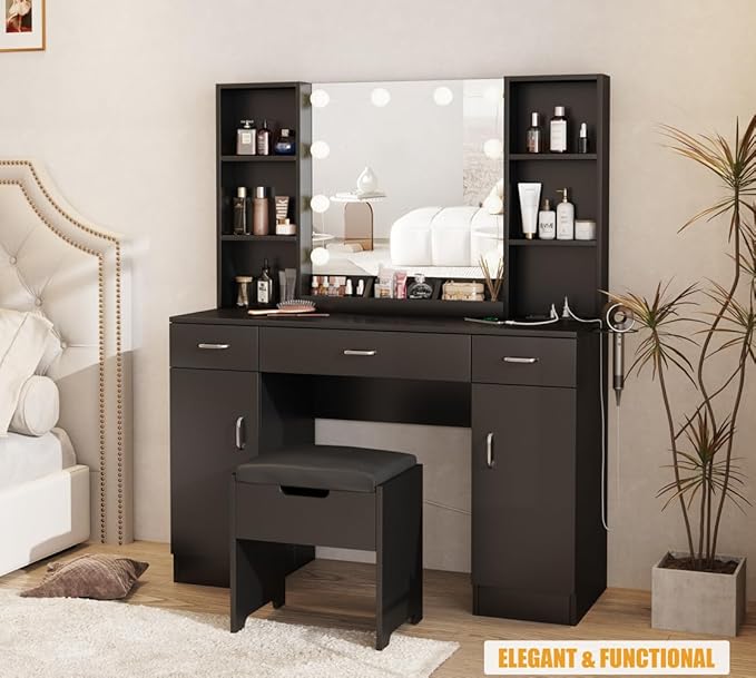Vabches Vanity Desk with Lights and Mirror, Makeup Vanity Table with Charging Station, 45in Big Vanity Set with Lots of Storage Space, Black