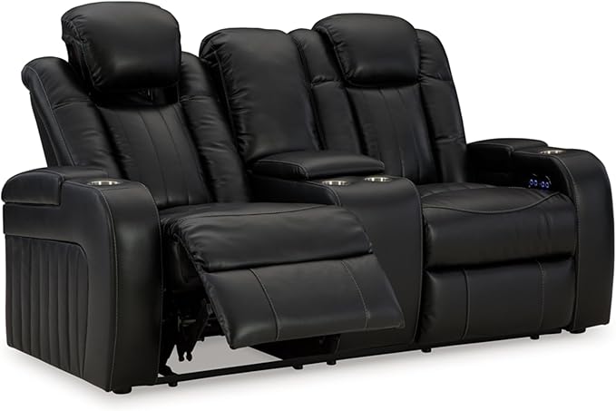 Signature Design by Ashley Caveman Den Modern Faux Leather Power Reclining Loveseat with Console, Adjustable Headrest and LED Lights, Black