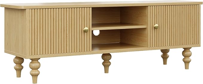 Modern Wood TV Stand for 55 Inch TV, Retro Media Console with Storage Cabinets & Shelves, Solid Wood Entertainment Center with Fluted Doors, Mid Century Style TV Cabinet, Nature