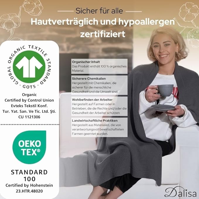 Dalisa 100% Organic Turkish Cotton Throw Blanket - GOTS Certified, Cozy - Perfect for Couch, Bed, and Home Decor - Boho Vintage Knit Alina (Dark Grey, 50x60)