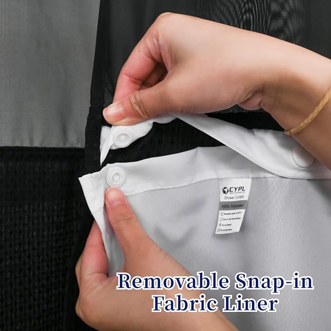 No Hooks Required Long Waffle Weave Shower Curtain with Snap in Liner-Hotel Grade Waterproof & Mesh Top Window Spa Like Bath Curtain Machine Washable Heavy Duty 71''W x 86''H Black