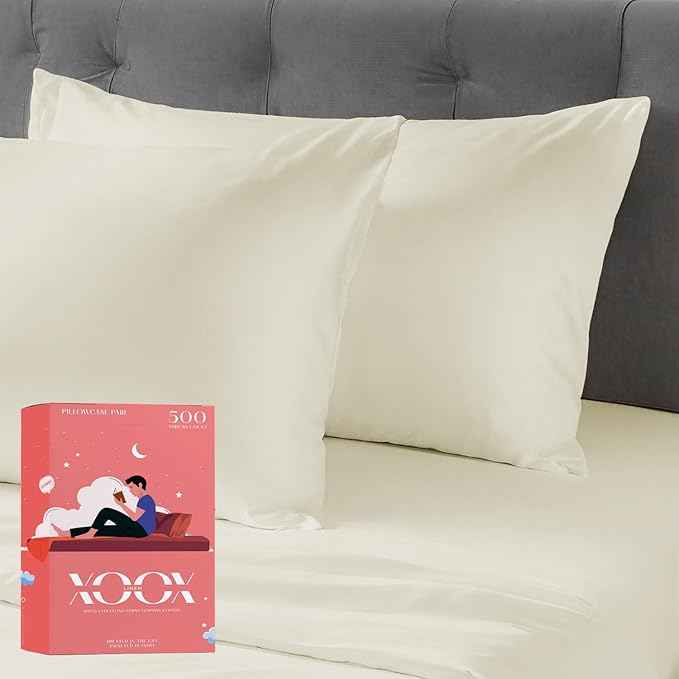 XOOX Linen 100% Cotton Pillowcases Standard/Queen Size Set of 2-500 Thread Count Cotton Pillowcases, Soft Cooling Pillow Cases for Sleeping, Pillow Covers for Standard/Queen Pillows - Ivory