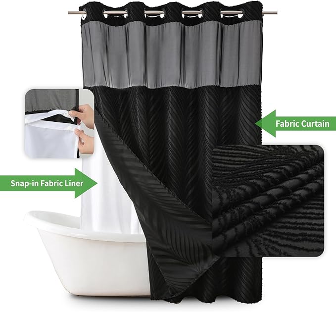 no Hook Shower Curtain and Liner Set，Boho Style with See Through Top Window, Black Fabric Tufted Striped Textured Outer Curtain & Waterproof Inner Liner, DarkBlack, 71Wx74H