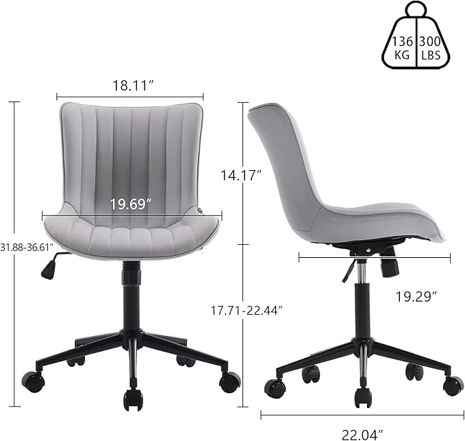 YOUNIKE Grey Home Office Desk Chair with Wheels Comfy Armless Vanity Chair with Back Modern Leather Upholstered Rolling Computer Task Chair Small Cute Drafting Sewing Chair Swivel Adjustable Ergonomic