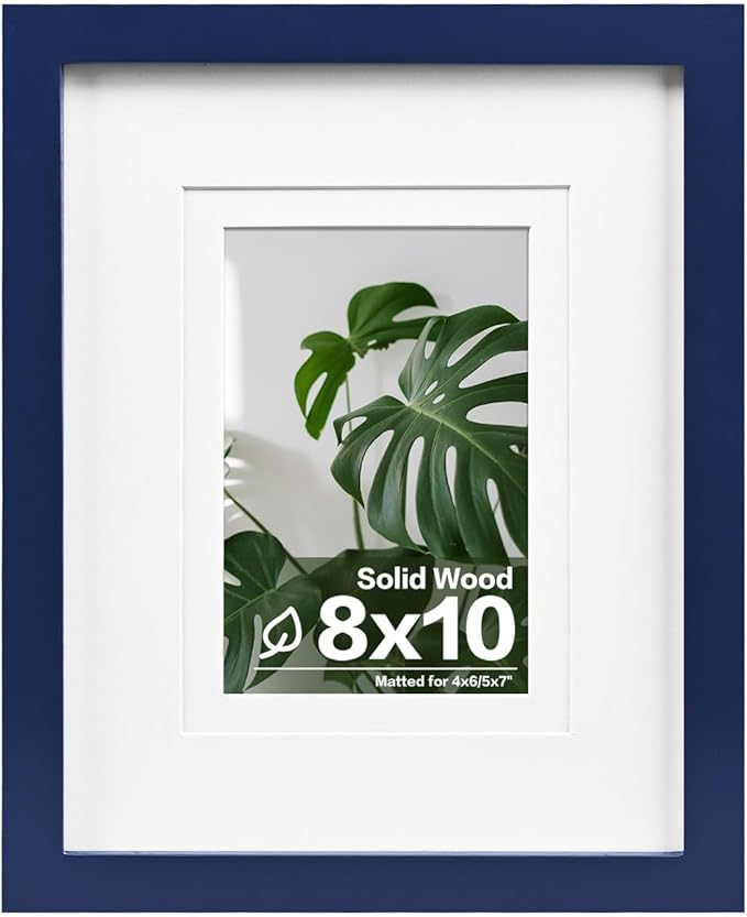 Egofine 8x10 Picture Frame Made of Solid Wood Covered by Plexiglass, Display Pictures 4x6/5x7 with Mat or 8x10 Without Mat for Table Top Display and Wall Mounting Photo Frame, Navy Blue