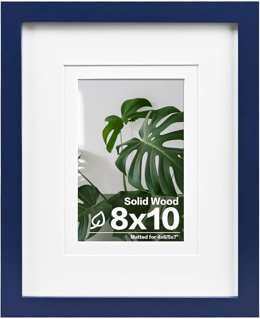 Egofine 8x10 Picture Frame Made of Solid Wood Covered by Plexiglass, Display Pictures 4x6/5x7 with Mat or 8x10 Without Mat for Table Top Display and Wall Mounting Photo Frame, Navy Blue