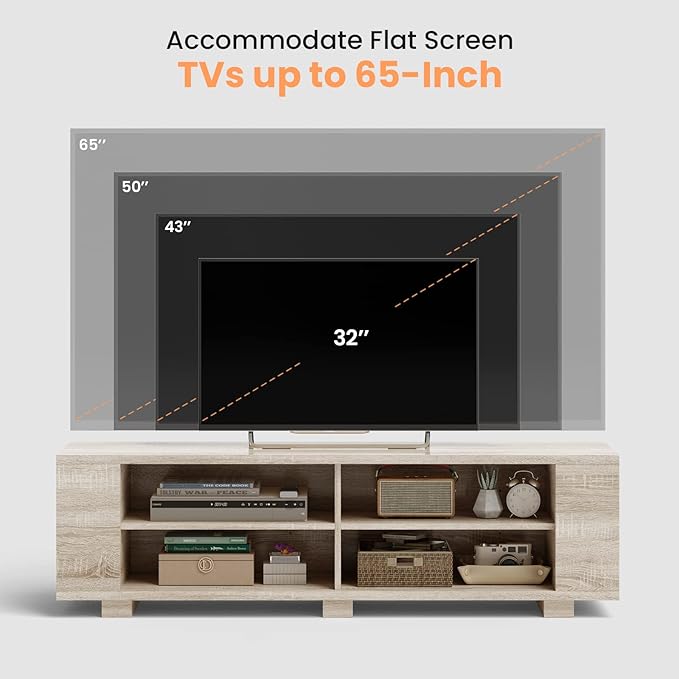 Giantex Modern TV Stand for TVs up to 65 Inch, Wood Entertainment Center w/ 8 Open Storage & Adjustable Shelves, Television Stands w/Cable Holes, TV Console Table for Living Room Bedroom (White Oak)