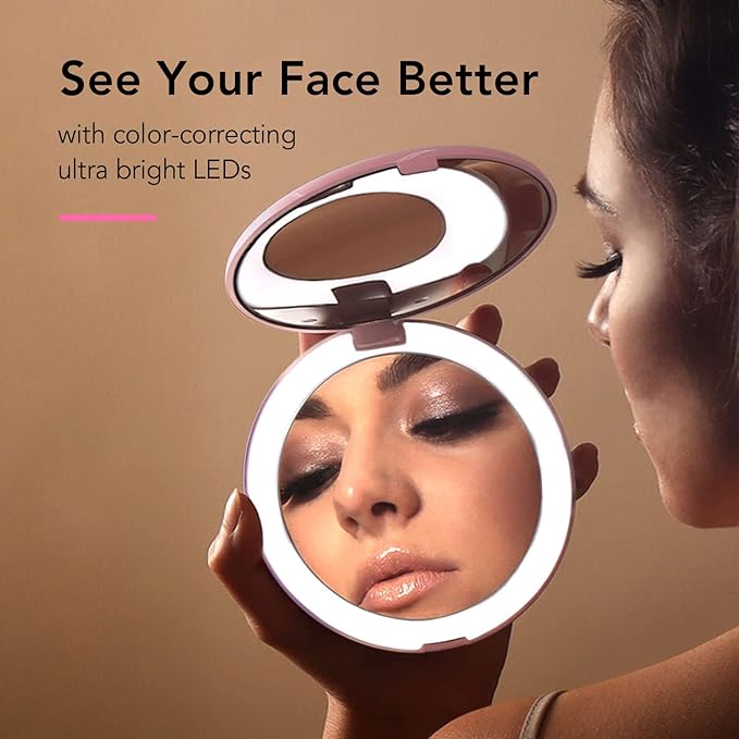 Fancii Taylor LED Lighted Travel Makeup Mirror, Rechargeable with 10x/1x Magnifying & 3 Light Settings - Compact, Portable, Large 5” Wide Hand Mirror for Handbag and Purses (Rose Gold)