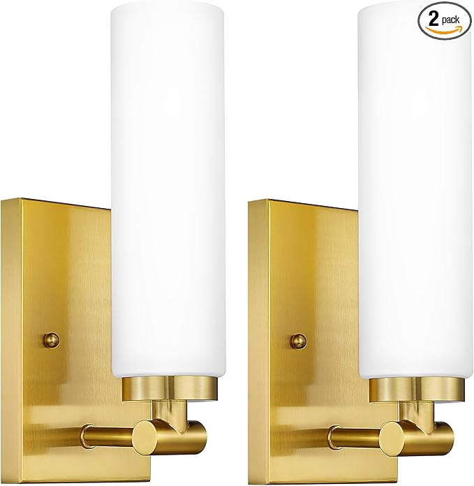 Emak Brushed Gold Wall Sconce, Modern Bathroom Vanity Sconces Wall Light Fixtures with Milk Glass Shade for Bathroom, Mirror, Living Room, Bedroom, Gallery, WS086-BGD-ML-2PK