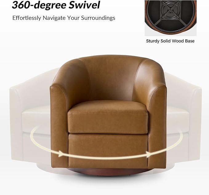 HULALA HOME Faux Leather Swivel Accent Chairs Set of 2 with Solid Wood Base, Round Swivel Barrel Chairs for Living Room and Bedroom, Camel