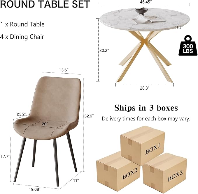 46.4" Round Dining Table Set with 4 Chairs, Modern Dining Set with Comfortable PU Leather Chairs, Sturdy MDF Table with X-Shaped Base, Easy Assembly, Ideal for Dining Room or Kitchen