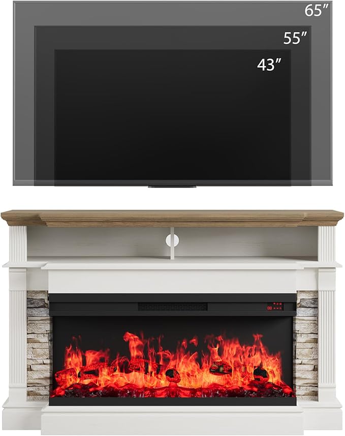 QUW Fireplace TV Stand for TVs up to 65", Farmhouse 52" Fireplace Entertainment Center with 36" 3-Side Glass Electric Fireplace, TV Console with Open Storage Shelves for Living Room, Antique White