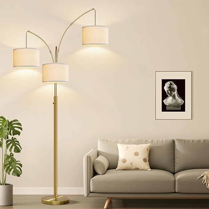 Dimmable Floor Lamp - 3 Lights Brass Floor Lamps for Living Room Linen White Shades & Heavy Base, Mid Century Tree Floor Lamp for Bedroom Office, 3 LED Bulbs Included