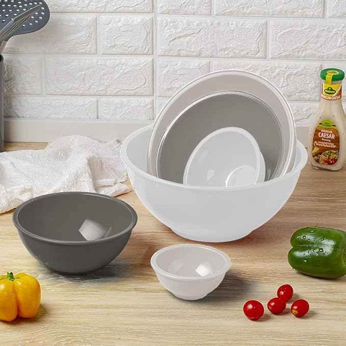 BoxedHome BPA Free Plastic Round Mixing Bowl with Lids, 12 Pack Nesting Bowls with Lids Set, Microwave and Dishwasher Safe Prep & Serving Bowls Great for Mixing, Baking, Serving (White, 12pcs)