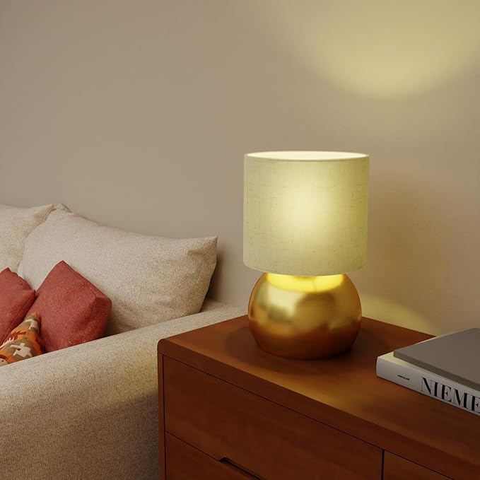 Set of 2 Small Gold Spherical Base Bedside Table Lamp with Textured Linen Shade (Bulb Included)