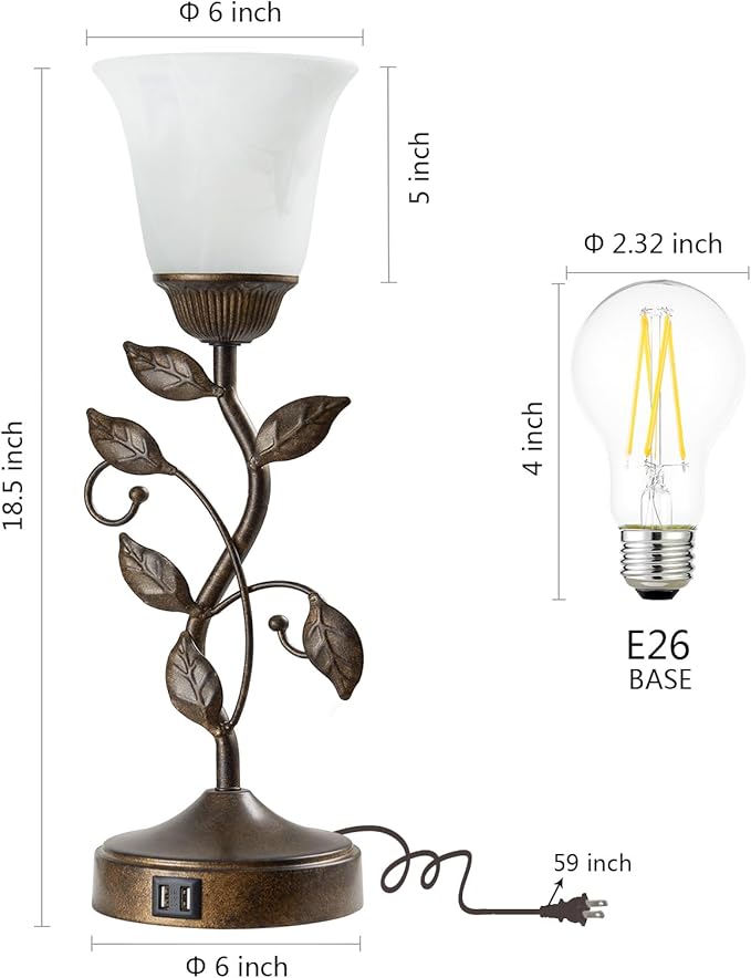 RORIANO Set of 2 Touch Farmhouse Bedroom Table Lamps, Nightstand Vintage Flower Lamps with 2 USB Ports, 3 Way Dimmable Leaf Lamp for Living Room with White Glass Shades, Bulbs Included