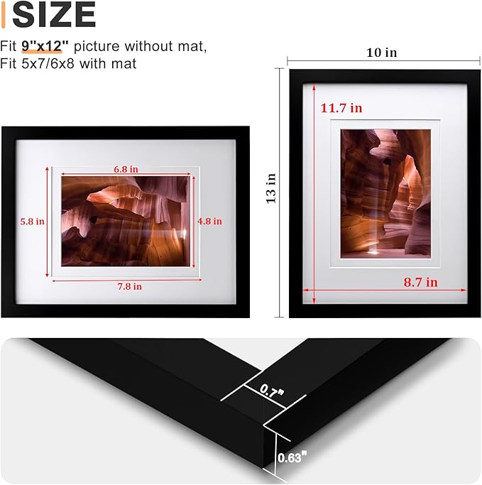 Egofine 9x12 Picture Frame Black Covered by Plexiglass Made of Solid Wood, Wood Frame for Pictures 5x7/ 6x8 with Mat or 9x12 without Mat, Tabletop and Wall Mounting Display