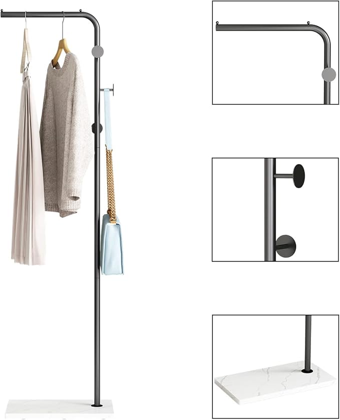 Black Coat Racks with White Base, Entryway Coats Racks Freestanding with 3 Hooks, L Shape Home Coat Hanger for Jackets, Coats, Hats, Clothes