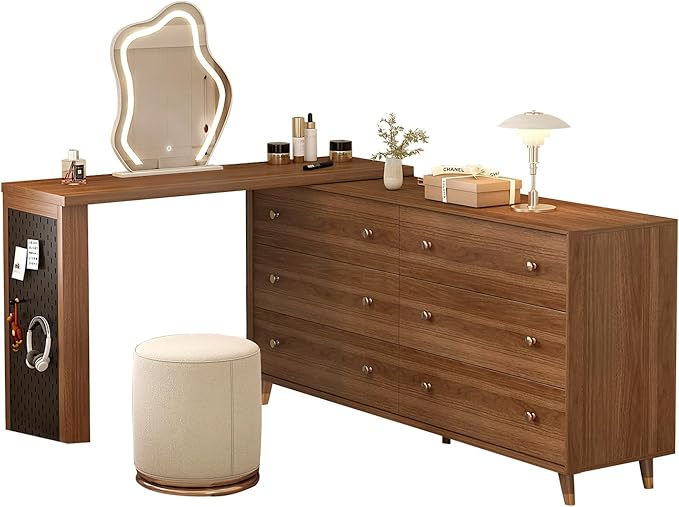 Makeup Vanity Desk Set with Cloud-Pattern HD Lighted Mirror and Stool, 60-100in Extendable Modern Vanity Table, 6-Drawer Solid Wood Frame Storage Cabinet Brown