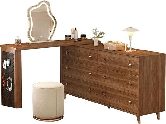 Makeup Vanity Desk Set with Cloud-Pattern HD Lighted Mirror and Stool, 60-100in Extendable Modern Vanity Table, 6-Drawer Solid Wood Frame Storage Cabinet Brown