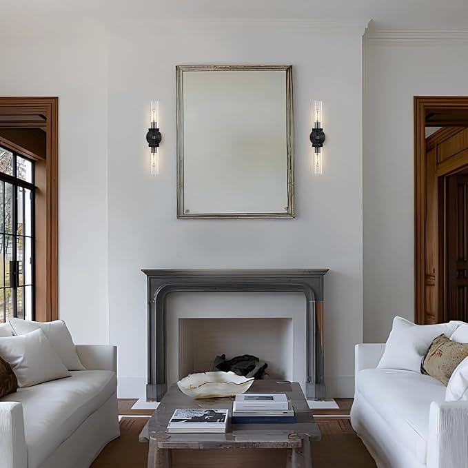 Black Bathroom Vanity Wall Sconces 2-Light Glass Tube Wall Sconce 21in Horizontal or Vertical Linear Wall Sconces Black Vanity Light Indoor Wall Sconce E26 Bulb Included