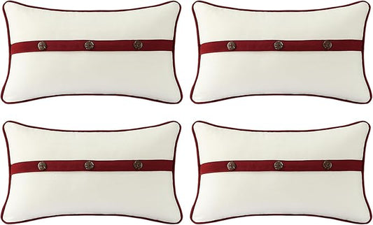 Outdoor Sunbrella Decorative Pillows with Triple Coconut Buttons Pack of 4, 20" x 12" Outdoor Pillow Set for Couch Bed Throw Patio Sofa, Spectrum Eggshell/Spectrum Ruby