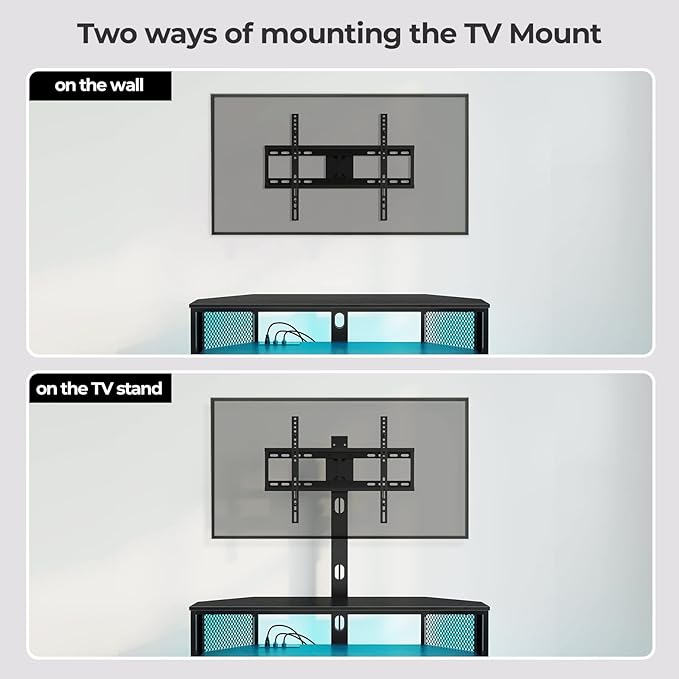 Rolanstar TV Stand with Mount and Power Outlet, Swivel TV Stand with LED Lights for 32/45/55/60/65/70 inch TVs, Black Entertainment Center Media Console with Height Adjustable Mount