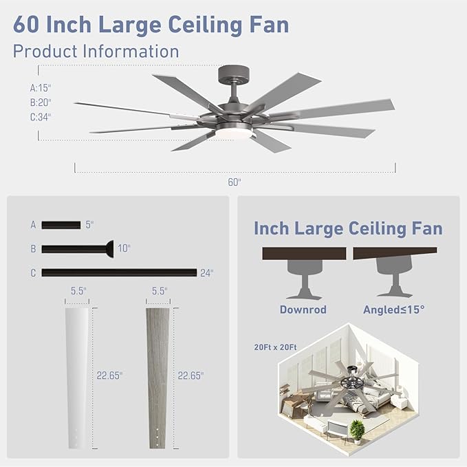 60 Inch Smart Ceiling Fan, Silver Indoor/Outdoor Ceiling Fans with Lights and Remote, Compatible with Alexa/Google/App, 3CCT Dimmable 6 Speeds Timing for Living Room Bedroom Patio
