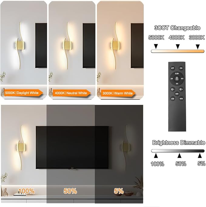 Battery Operated Wall Sconce Set of 2, Gold USB Rechargeable Wall Sconces, Dimmable Cordless Battery Wall Sconces with Remote Control, LED Wireless Lighting for Living Room Hallway Bedroom, 27.56in
